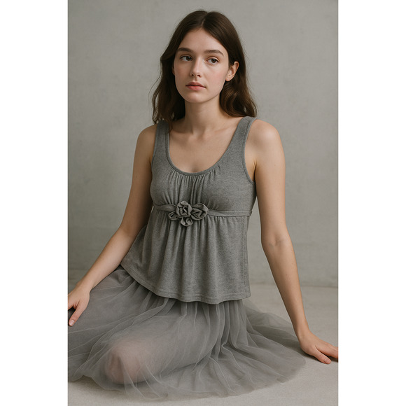 VTG J Crew Gray Wool Babydoll Top Y2K Softcore Balletcore Coquette Rosette Tank - Picture 1 of 6